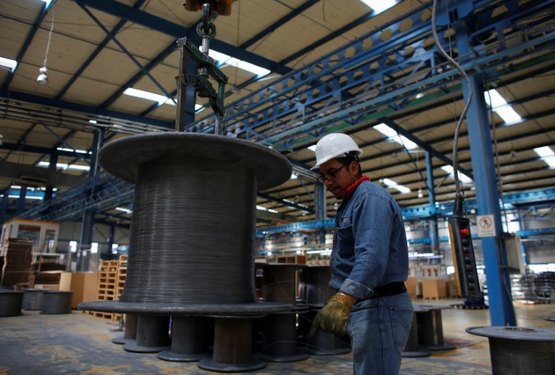 &copy; Reuters. FILE PHOTO: A worker holds stainless steel wire produced at TIM stainless steel wire factory in Huamantla, in the Mexican state of Tlaxcala October 11, 2013.  REUTERS/Tomas Bravo