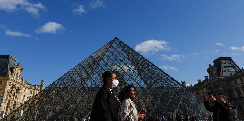 &copy; Reuters. FILE PHOTO: People wearing protective face masks walk near the glass Pyramid of the Louvre museum in Paris, amid the coronavirus disease (COVID-19) outbreak in France, February 19, 2022. REUTERS/Gonzalo Fuentes