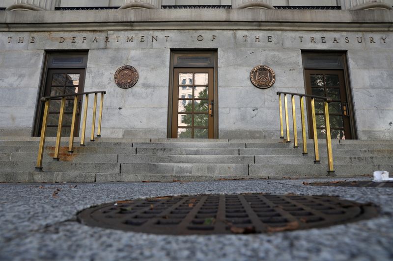 &copy; Reuters. Signage is seen at the United States Department of the Treasury headquarters in Washington, D.C., U.S., August 29, 2020. REUTERS/Andrew Kelly