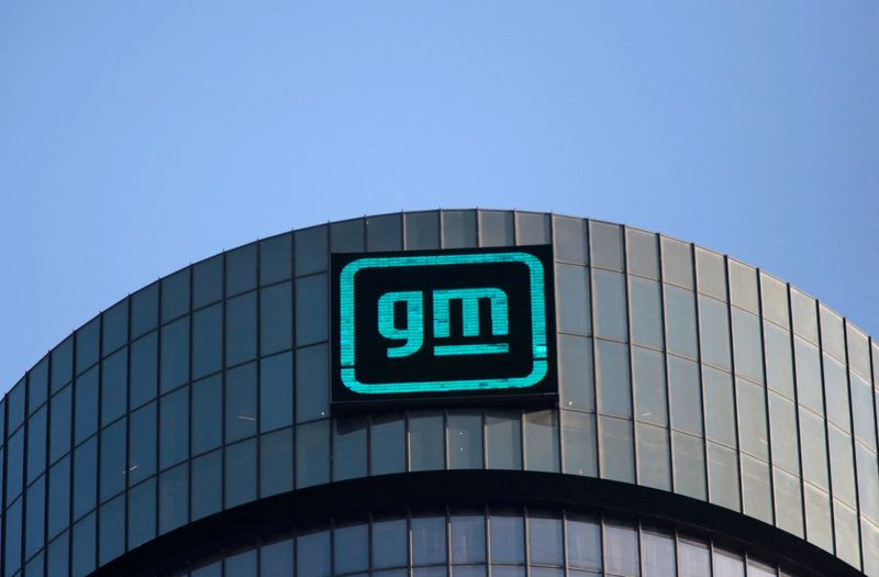 &copy; Reuters. FILE PHOTO: The new GM logo is seen on the facade of the General Motors headquarters in Detroit, Michigan, U.S., March 16, 2021. Picture taken March 16, 2021.  REUTERS/Rebecca Cook/File Photo