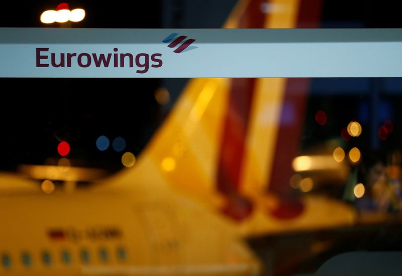 &copy; Reuters. FILE PHOTO: A logo of Eurowings is pictured at the Cologne-Bonn airport during a strike of cabin crew employees of German airline Germanwings called by German cabin crew union UFO in Cologne, Germany, December 30, 2019. REUTERS/Thilo Schmuelgen/File Photo