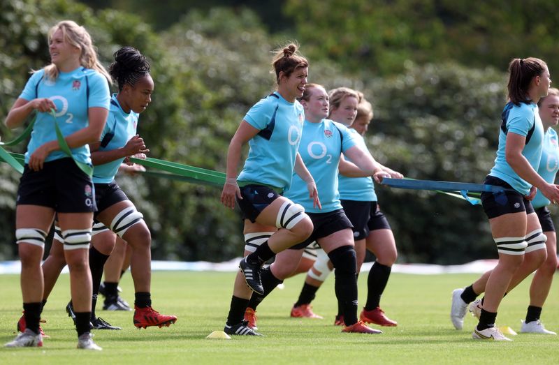 &copy; Reuters. FILE PHOTO: Rugby Union - Women's Rugby World Cup 2021 - England Training - Pennyhill Park, Bagshot, Britain - September 20, 2022 England's Sarah Hunter and team mates during training Action Images via Reuters/Paul Childs