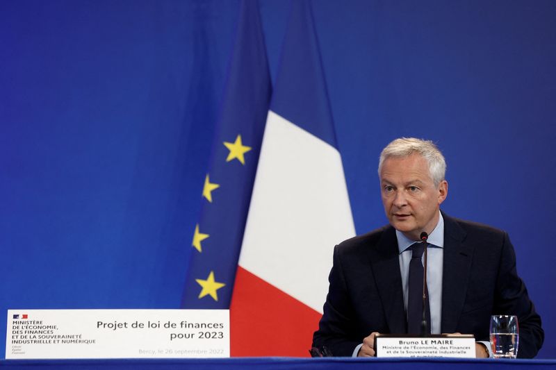 &copy; Reuters. FILE PHOTO: French Minister for Economy, Finance, Industry and Digital Security Bruno Le Maire attends a news conference to present French government 2023 budget bill at the Bercy Finance Ministry in Paris, France, September 26, 2022. REUTERS/Benoit Tessi