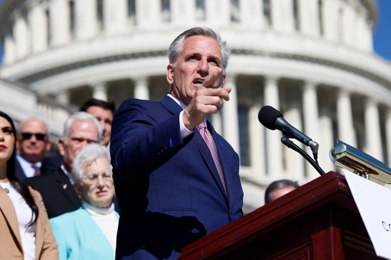 &copy; Reuters. FILE PHOTO: House Minority Leader Kevin McCarthy (R-CA) speaks during a news conference about the House Republicans "Commitment to America" outside the United States Capitol building in Washington, D.C., U.S., September 29, 2022. REUTERS/Evelyn Hockstein