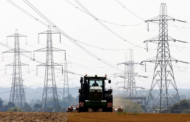 © Reuters. A farmer works in a field surrounded by electricity pylons in Ratcliffe-on-Soar, in central England, September 10, 2014.  Britain could face planned power cuts this winter if it is unable to import electricity from Europe and it struggles to attract enough gas imports to fuel its gas-fired power plants, the National Grid warned on Oct. 6, 2022. REUTERS/Darren Staples