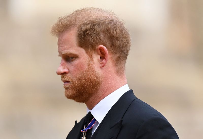 &copy; Reuters. FILE PHOTO: WINDSOR, ENGLAND - SEPTEMBER 19:  Prince Harry, Duke of Sussex as he joined the Procession following the State Hearse carrying the coffin of Queen Elizabeth II towards St George's Chapel on September 19, 2022 in Windsor, England. Justin Setter