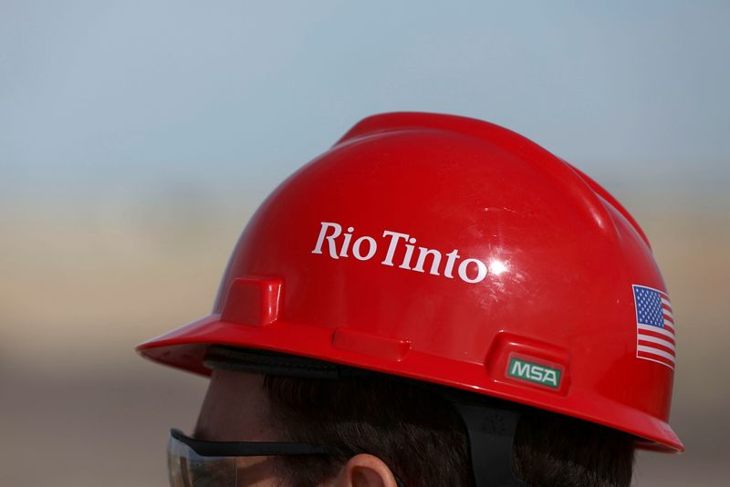 &copy; Reuters. The Rio Tinto logo is displayed on a visitor's helmet at a borates mine in Boron, California, U.S., November 15, 2019. REUTERS/Patrick T. Fallon