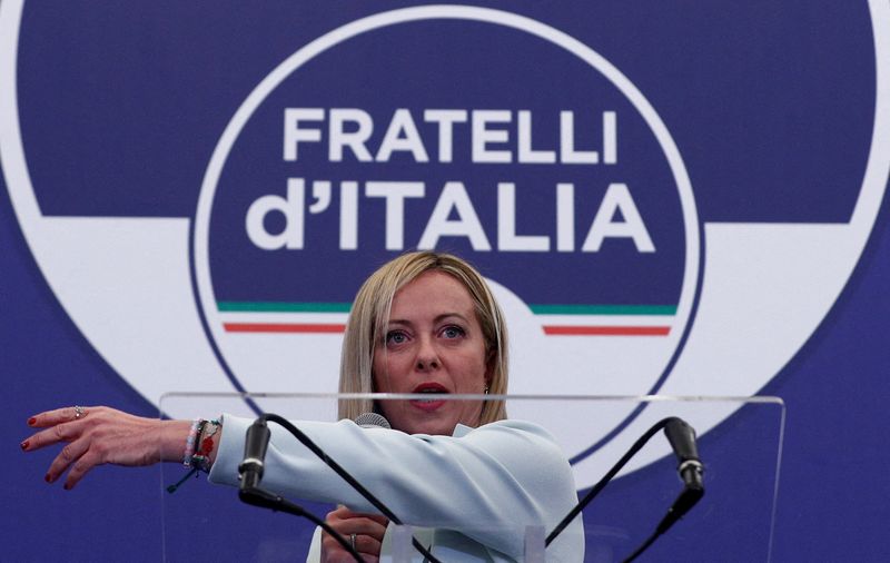 &copy; Reuters. FILE PHOTOL Leader of Brothers of Italy Giorgia Meloni speaks at the party's election night headquarters, in Rome, Italy September 26, 2022. REUTERS/Guglielmo Mangiapane   