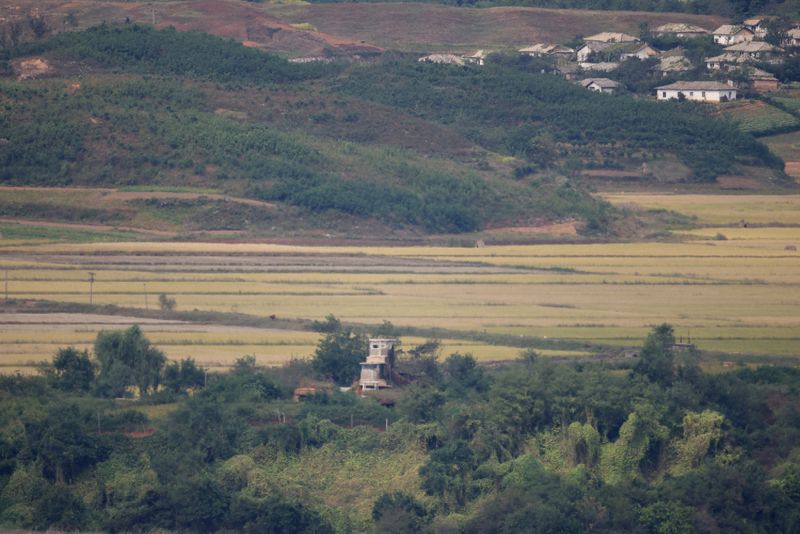 &copy; Reuters. FILE PHOTO: A North Korea's guard post is seen at North Korea's propaganda village Kaepoong, in this picture taken from the Unification Observation Platform, near the demilitarized zone which separates the two Koreas in Paju, South Korea, October 6, 2022.
