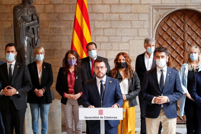 &copy; Reuters. FILE PHOTO: Catalonia's regional President Pere Aragones looks on during a news conference at Palau de la Generalitat, following the arrest of former Catalan government head Carles Puigdemont in Sardinia on Thursday, in Barcelona, Spain, September 24, 202