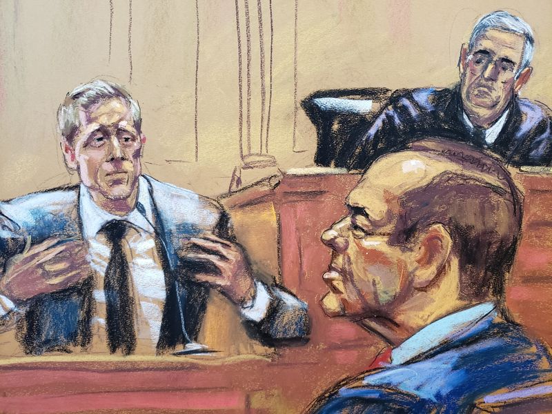 &copy; Reuters. Actor and defendant Kevin Spacey and Judge Lewis Kaplan listen to plaintiff Anthony Rapp, who has accused Spacey of a sexual assault, testify during Rapp's civil sex abuse case against Spacey in this courtroom sketch from the trial in New York, U.S., Octo
