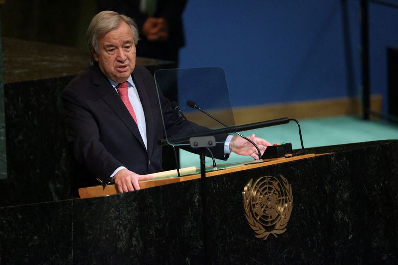 &copy; Reuters. الأمين العام للأمم المتحدة أنطونيو جوتيريش يلقي خطابا أمام الجمعية العامة بالأمم المتحدة في مقر الأمم المتحدة في نيويورك في 20 من سبتمبر أيل