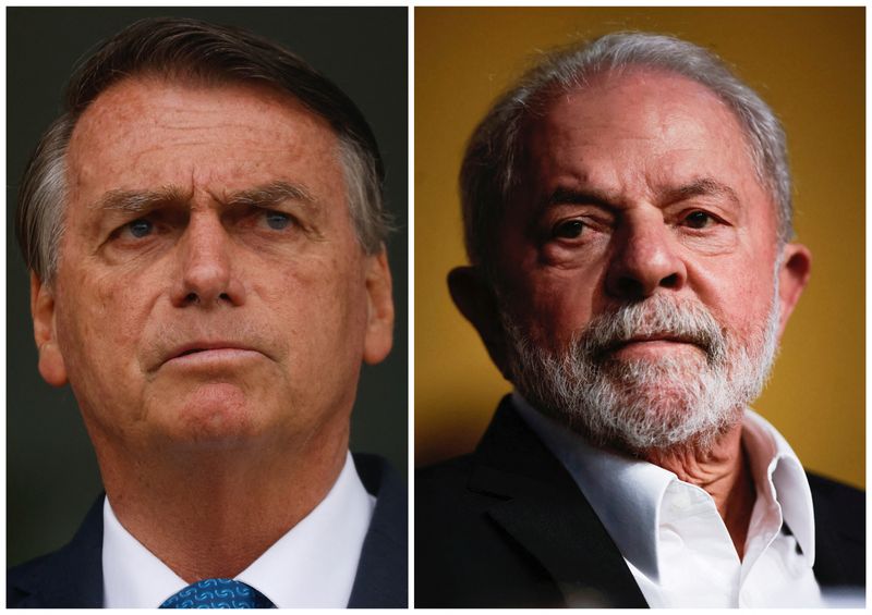 &copy; Reuters. Combination picture of Brazil's President and candidate for re-election Jair Bolsonaro during a news conference at the Alvorada Palace in Brasilia, Brazil, October 4, 2022 and Brazil's former president and presidential frontrunner Luiz Inacio Lula da Silv