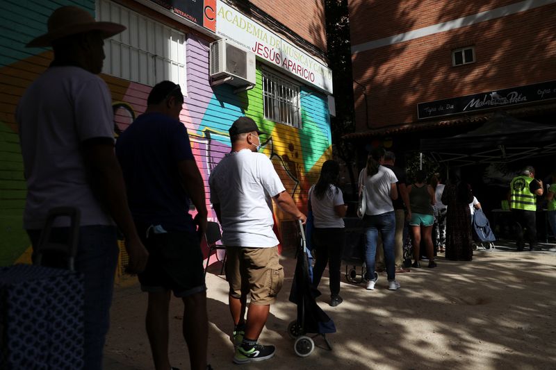 &copy; Reuters. FILE PHOTO: People await their turn at the Aluche Mutual Support Network where hundreds queue every Saturday to receive basic food necessities amidst soaring inflation and consumer price hikes, in the Aluche neighbourhood in Madrid, Spain, September 24, 2