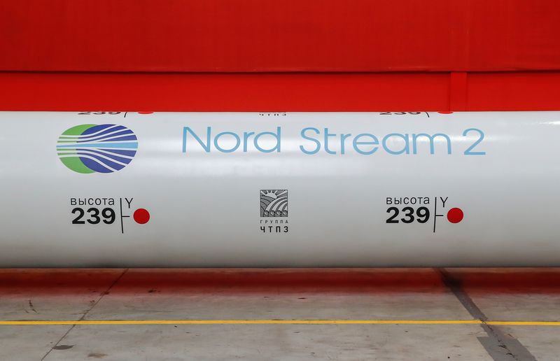 &copy; Reuters. The logo of the Nord Stream 2 gas pipeline project is seen on a large diameter pipe at Chelyabinsk Pipe Rolling Plant owned by ChelPipe Group in Chelyabinsk, Russia February 26, 2020. Picture taken February 26, 2020. REUTERS/Maxim Shemetov