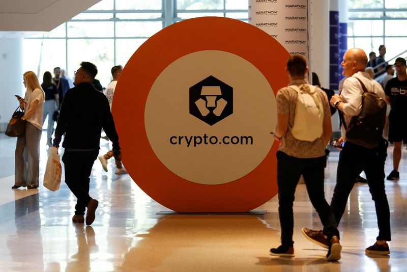 &copy; Reuters. FILE PHOTO - The logo of Crypto.com is seen at a stand during the Bitcoin Conference 2022 in Miami Beach, Florida, U.S. April 6, 2022. REUTERS/Marco Bello