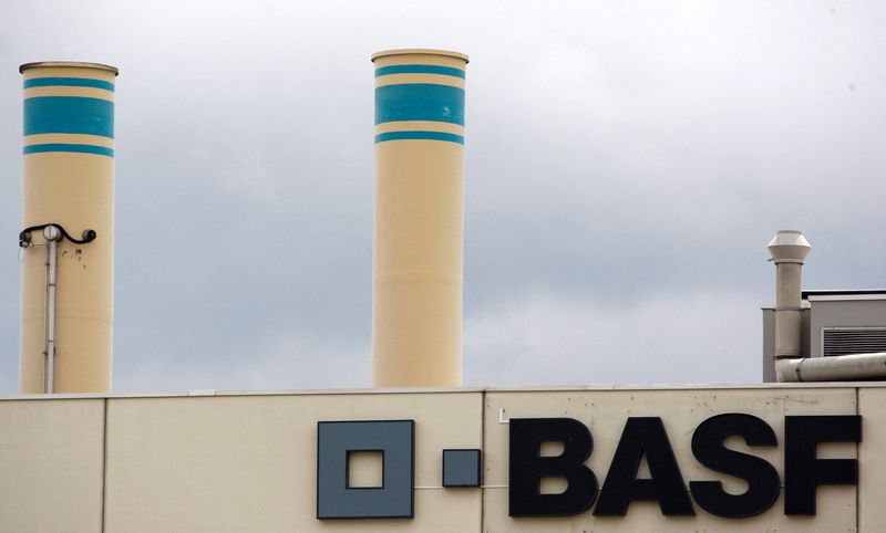© Reuters. FILE PHOTO: A logo is seen on the facade of the BASF plant in Schweizerhalle near Basel July 7, 2009.   REUTERS/Christian Hartmann/File Photo