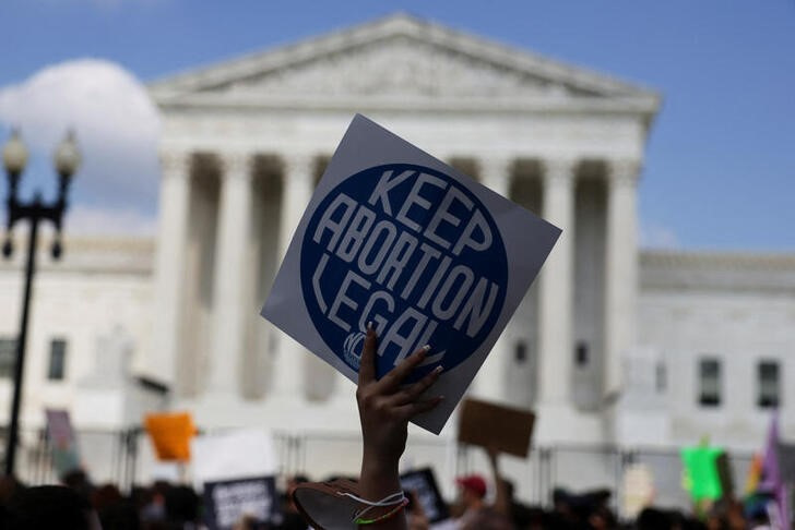 © Reuters. FILE PHOTO: Abortion rights demonstrators protest outside the United States Supreme Court as the court rules in the Dobbs v Women's Health Organization abortion case, overturning the landmark Roe v Wade abortion decision in Washington, June 24, 2022. REUTERS/Evelyn Hockstein  