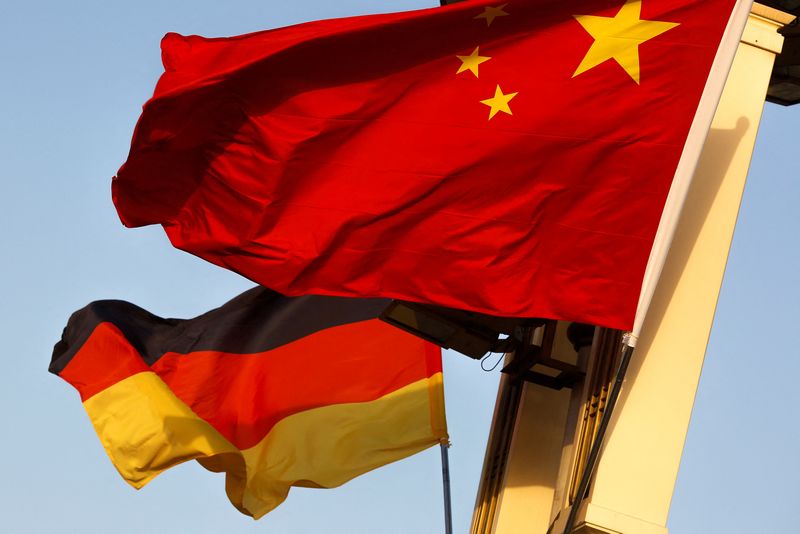 &copy; Reuters. FILE PHOTO: German and Chinese national flags fly in Tiananmen Square ahead of the visit of German Chancellor Angela Merkel in Beijing, China, May 23, 2018. REUTERS/Thomas Peter/File Photo