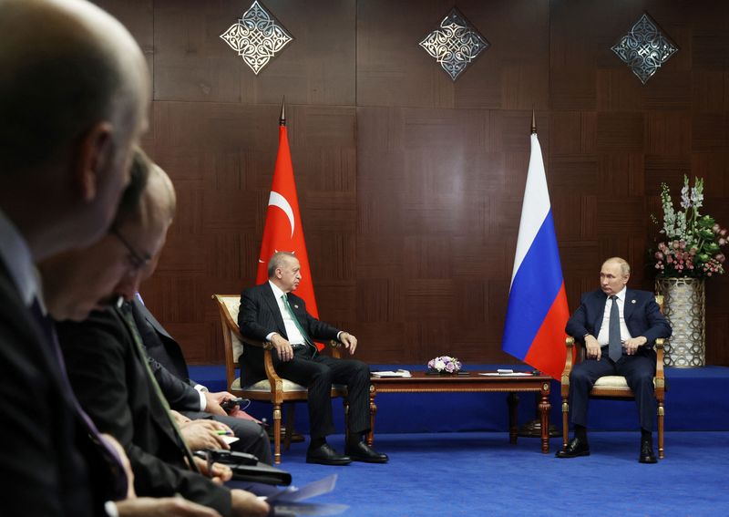 &copy; Reuters. الرئيسان التركي رجب طيب أردوغان والروسي فلاديمير بوتين يجتمعان على هامش قمة مؤتمر التفاعل وإجراءات بناء الثقة في آسيا (سيكا) يوم الخميس في أ