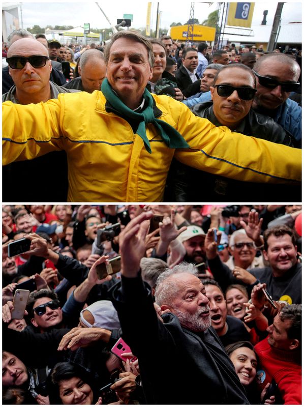 &copy; Reuters. Presidente Jair Bolsonaro e ex-presidente Luiz Inácio Lula da Silva durante eventos de campanha em Esteio, no Rio Grande do Sul, e em Curitiba, respectivamente
02/09/2022 e 17/09/2022 REUTERS/Diego Vara e Ueslei Marcelino