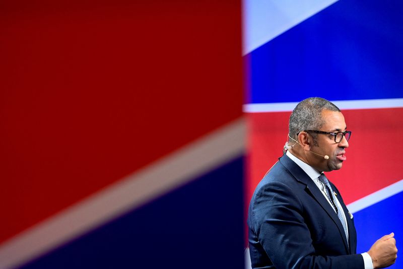 © Reuters. FILE PHOTO: British Foreign Secretary James Cleverly takes part in a television interview, at Britain's Conservative Party's annual conference in Birmingham, Britain, October 5, 2022. REUTERS/Toby Melville
