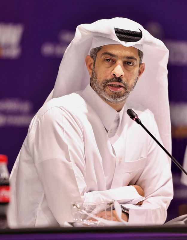 &copy; Reuters. الرئيس التنفيذي لبطولة كأس العالم لكرة القدم التي تستضيفها قطر ناصر الخاطر يتحدث إلى الإعلام في مؤتمر صحفي بتاريخ الثامن من سبتمبر أيلول 2022