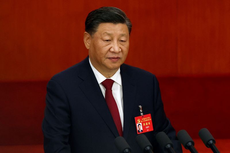 &copy; Reuters. Le président chinois Xi Jinping assiste à la cérémonie d'ouverture du 20e Congrès national du Parti communiste chinois, au Grand Hall du peuple à Pékin, en Chine. /Photo prise le 16 octobre 2022/REUTERS/Thomas Peter