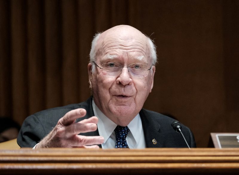 &copy; Reuters. FILE PHOTO: U.S. Sen. Patrick Leahy (D-VT) speaks during the Senate Appropriations Subcommittee on State, Foreign Operations, and Related Programs hearing, to review of the fiscal year 2023 budget request for the U.S. Department of State, on Capitol Hill 