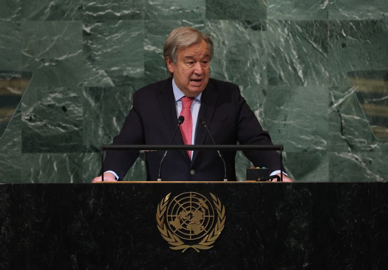 © Reuters. أنطونيو جوتيريش الأمين العام للأمم المتحدة يلقي خطابا في نيويورك في 20 سبتمبر أيلول 2022. تصوير: برندان مكدرميد - رويترز
