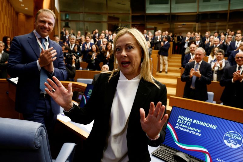 &copy; Reuters. FILE PHOTO: Leader of Brothers of Italy Giorgia Meloni attends meeting with Brothers of Italy newly elected MPs in Rome, Italy, October 10, 2022. REUTERS/Guglielmo Mangiapane