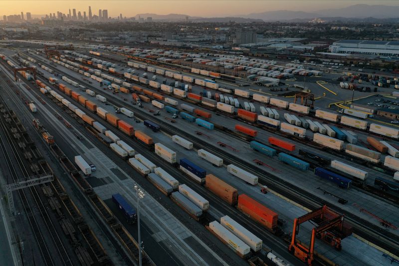 &copy; Reuters. FILE PHOTO: An aerial view of shipping containers and freight railway trains ahead of a possible strike if there is no deal with the rail worker unions, at the Union Pacific Los Angeles (UPLA) Intermodal Facility rail yard in Commerce, California, U.S., S