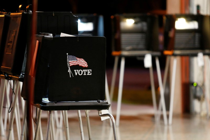 © Reuters. FILE PHOTO: A voting booth is seen at a polling center inside a fire station in the Coral Gables neighbourhood in Miami, Florida, March 17, 2020.  REUTERS/Marco Bello 