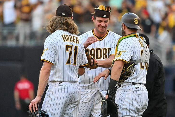 &copy; Reuters. 　ＭＬＢは１９日、各地でリーグ優勝決定シリーズを行い、ダルビッシュ有投手が所属するパドレスが対戦成績を１勝１敗の五分に戻した。写真は勝利を喜ぶパドレスの選手たち（２０２２