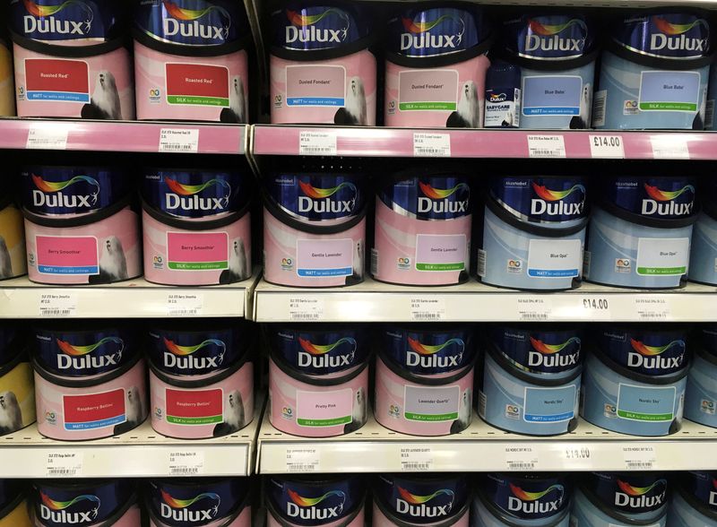 © Reuters. FILE PHOTO: Cans of Dulux paint, an Akzo Nobel brand, are seen on the shelves of a hardware store near Manchester, Britain, April 24, 2017. REUTERS/Phil Noble