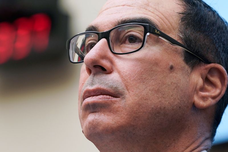 &copy; Reuters. Treasury Secretary Steven Mnuchin answers questions during a House Financial Services Committee hearing on "Oversight of the Treasury Department's and Federal Reserve's Pandemic Response" in the Rayburn House Office Building in Washington, U.S., December 