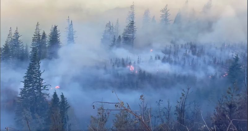 © Reuters. FILE PHOTO: Smoke billows in a forested area after the Nakia Creek Fire exploded in Clark County, Washington state, U.S., October 16, 2022, in this still image taken from video obtained from social media. CLARK COUNTY FIRE DISTRICT 3/via REUTERS  