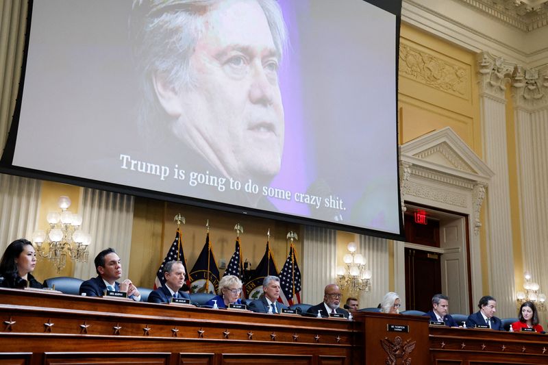&copy; Reuters. FILE PHOTO: An image of Steve Bannon, former adviser to former U.S. President Donald Trump, is displayed during a public hearing on Capitol Hill in Washington, U.S., October 13, 2022. REUTERS/Jonathan Ernst/File Photo