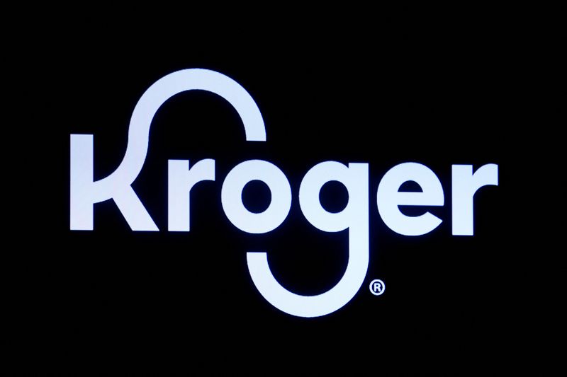 &copy; Reuters. FILE PHOTO: A screen displays the company logo for Kroger Co on the floor of the New York Stock Exchange (NYSE) in New York City, U.S., October 14, 2022. REUTERS/Brendan McDermid