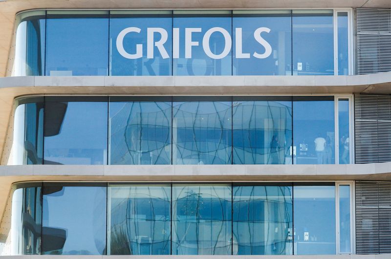 &copy; Reuters. FILE PHOTO: The logo of the Spanish pharmaceuticals company Grifols is pictured on their headquarters' building in Sant Cugat del Valles, near Barcelona, Spain, September 17, 2021. REUTERS/Albert Gea