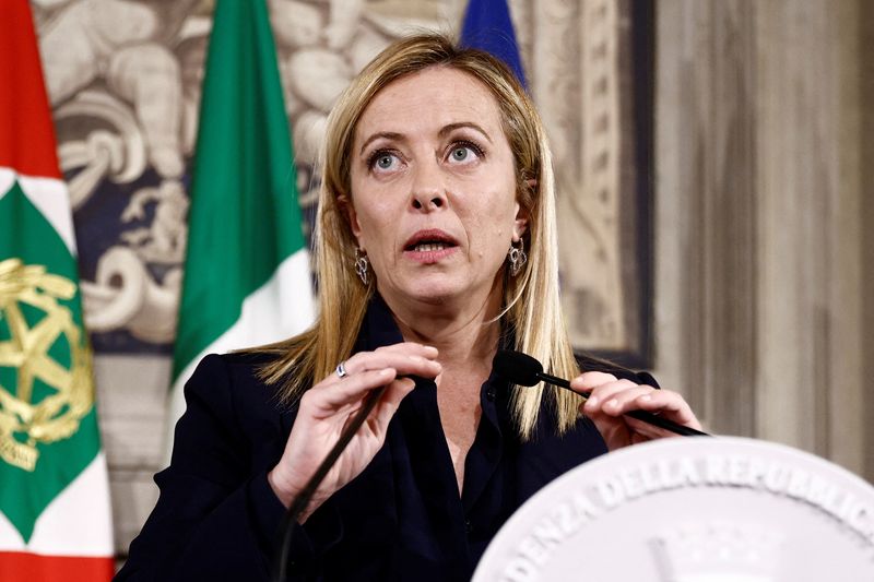 &copy; Reuters. Italy's newly appointed Prime Minister Giorgia Meloni speaks to the media following a meeting with Italian President Sergio Mattarella at the Quirinale Palace in Rome, Italy October 21, 2022. REUTERS/Guglielmo Mangiapane