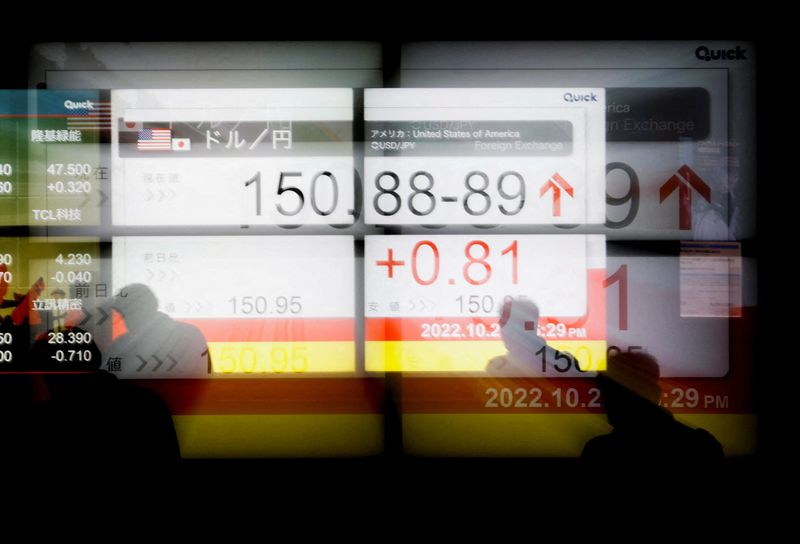 &copy; Reuters. Silhouettes of passerby are see as they walk past in front of an electric monitor displaying the exchange rate between the Japanese yen against the U.S. dollar outside a brokerage in Tokyo, Japan, October 21, 2022  REUTERS/Issei Kato