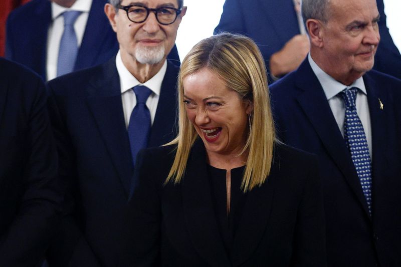 &copy; Reuters. Italy's newly elected Prime Minister Giorgia Meloni reacts during the swearing-in ceremony at the Quirinale Presidential Palace, in Rome, Italy October 22, 2022. REUTERS/Guglielmo Mangiapane