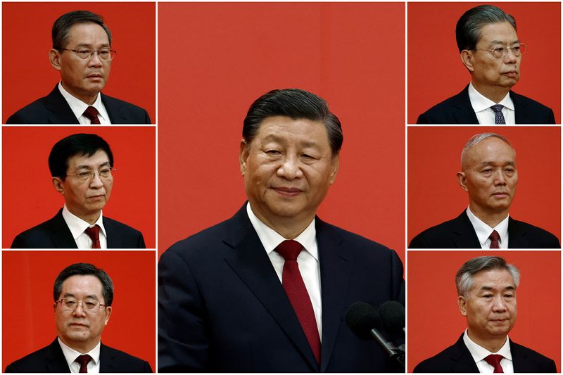 &copy; Reuters. A combination picture shows Chinese leaders Xi Jinping, Li Qiang, Zhao Leji, Wang Huning, Cai Qi, Ding Xuexiang, and Li Xi meeting the media following the 20th National Congress of the Communist Party of China, at the Great Hall of the People in Beijing, 