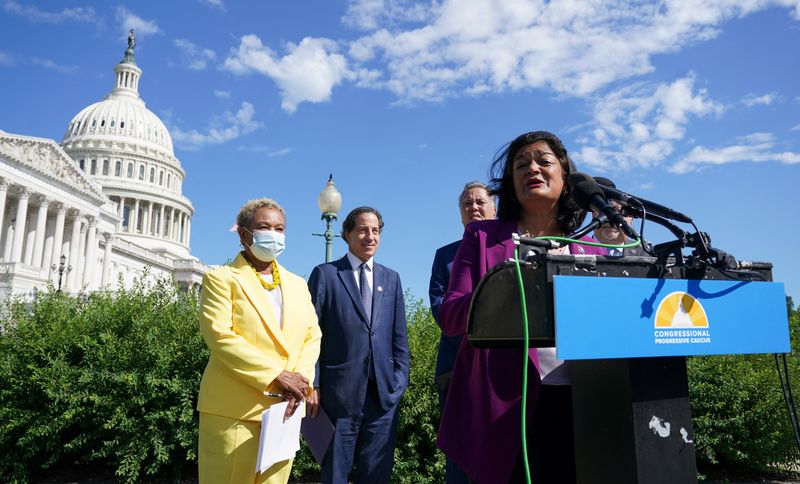 &copy; Reuters. U.S. Rep. Pramila Jayapal (D-WA), chair of the Congressional Progressive Caucus, and other caucus members hold a news conference in advance of the expected House passage of H.R. 6376, the "Inflation Reduction Act of 2022" at the U.S. Capitol in Washington