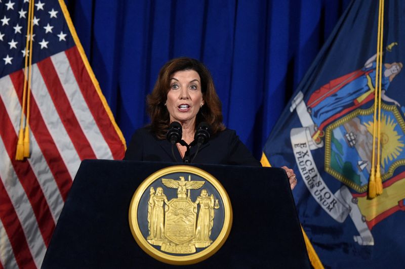 &copy; Reuters. FILE PHOTO: New York Lieutenant Governor Kathy Hochul speaks during a news conference at the New York State Capitol, in Albany, New York, U.S., August 11, 2021.  REUTERS/Cindy Schultz/File Photo