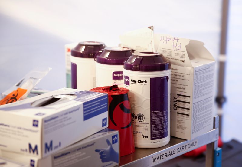 &copy; Reuters. FILE PHOTO: Medical supplies are seen in one of the tents set up for drive-through clinic testing for coronavirus, flu and RSV, currently by appointment for employees at UW Medical Center Northwest in Seattle, Washington, U.S. March 9, 2020. REUTERS/Linds