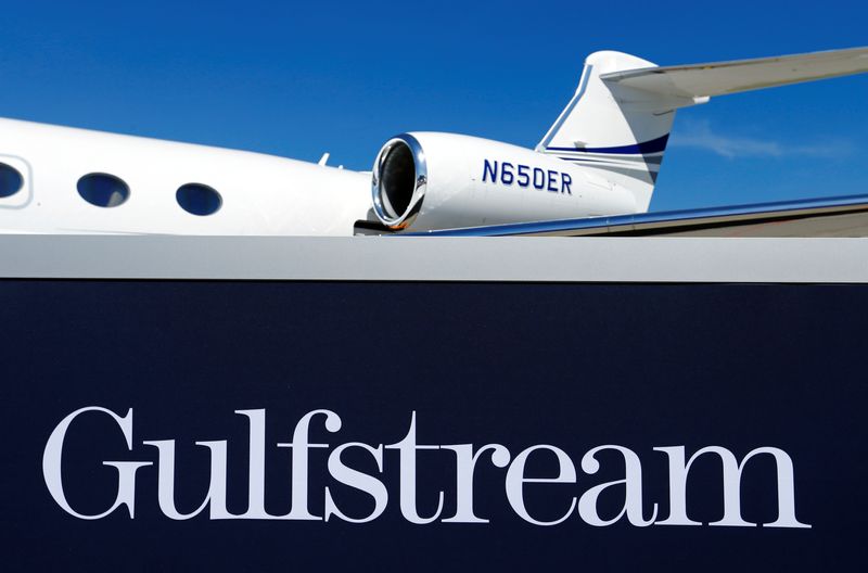 &copy; Reuters. FILE PHOTO: A logo of jet manufacturer Gulfstream is pictured on their booth during the European Business Aviation Convention & Exhibition (EBACE) in Geneva, Switzerland, May 22, 2017.  REUTERS/Denis Balibouse