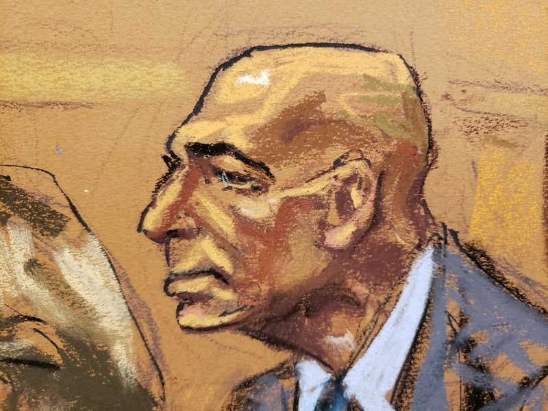 &copy; Reuters. FILE PHOTO: Defendant Tom Barrack listens to defense opening statements in a courtroom sketch in New York City, U.S. September 21, 2022. REUTERS/Jane Rosenberg