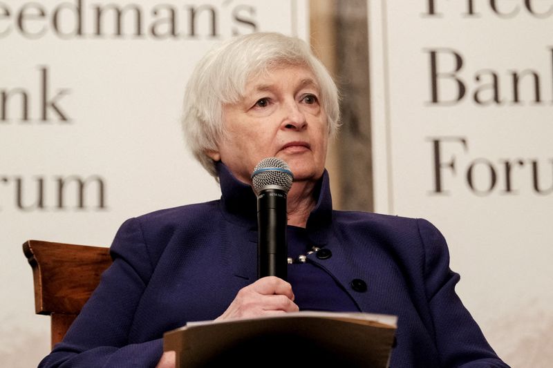 &copy; Reuters. FILE PHOTO: U.S. Treasury Secretary Janet Yellen participates in a discussion at the annual Freedman's Bank Forum at the Treasury Department in Washington, U.S., October 4, 2022. REUTERS/Michael A. McCoy